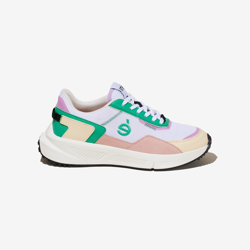 Sneakers vegan mixtes rose et vert de la marque iné, disponibles du 36 au 46