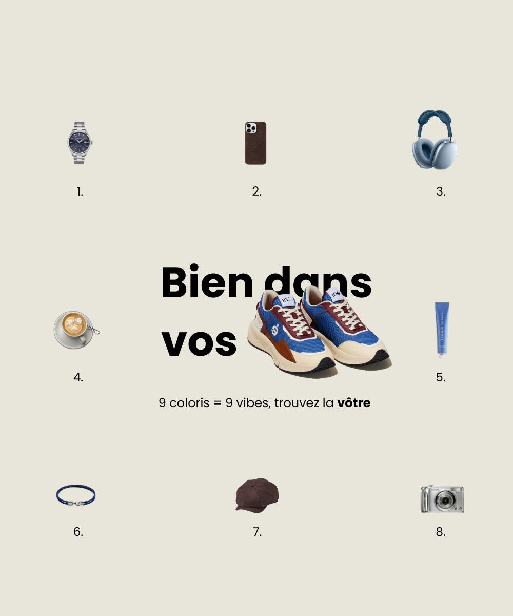 Sneakers vegan et unisexes de la marque iné de couleur camel et bleu