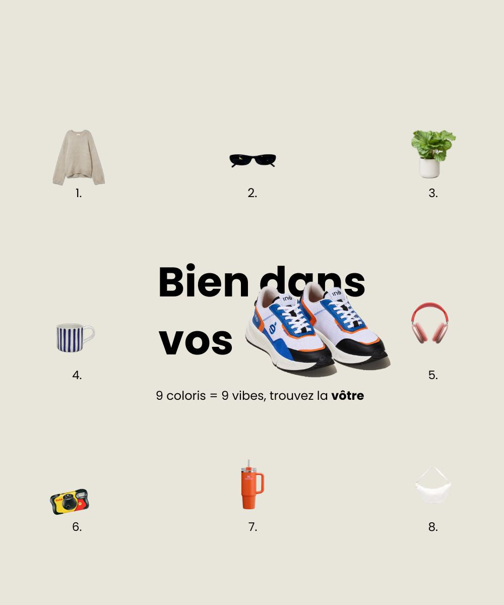 Sneakers vegan et unisexes de la marque iné de couleur orange et bleu