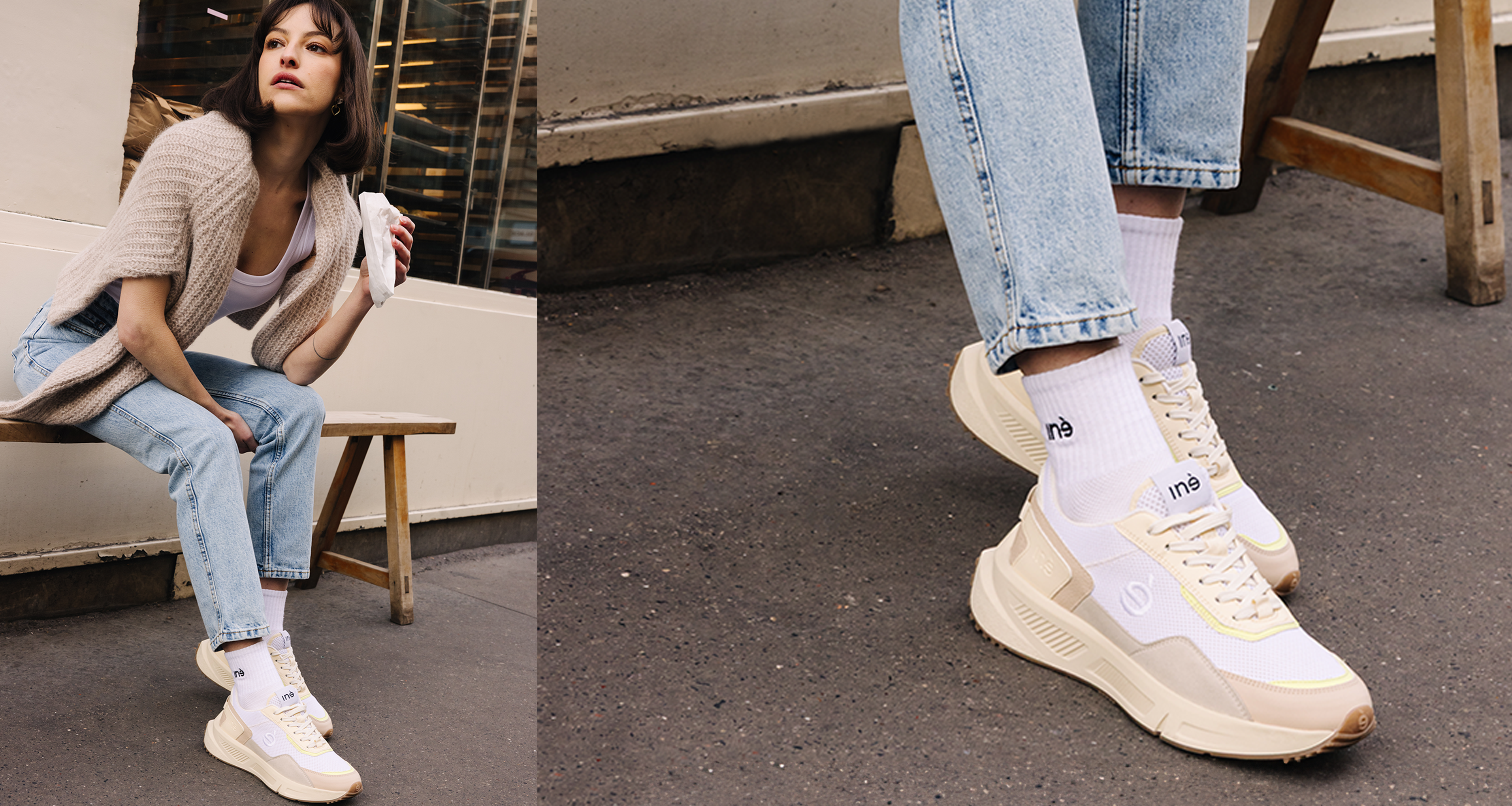 Femme qui mange un cookie de la marque Puffy's Paris et qui porte des baskets crème et lemon (beige et jaune)
