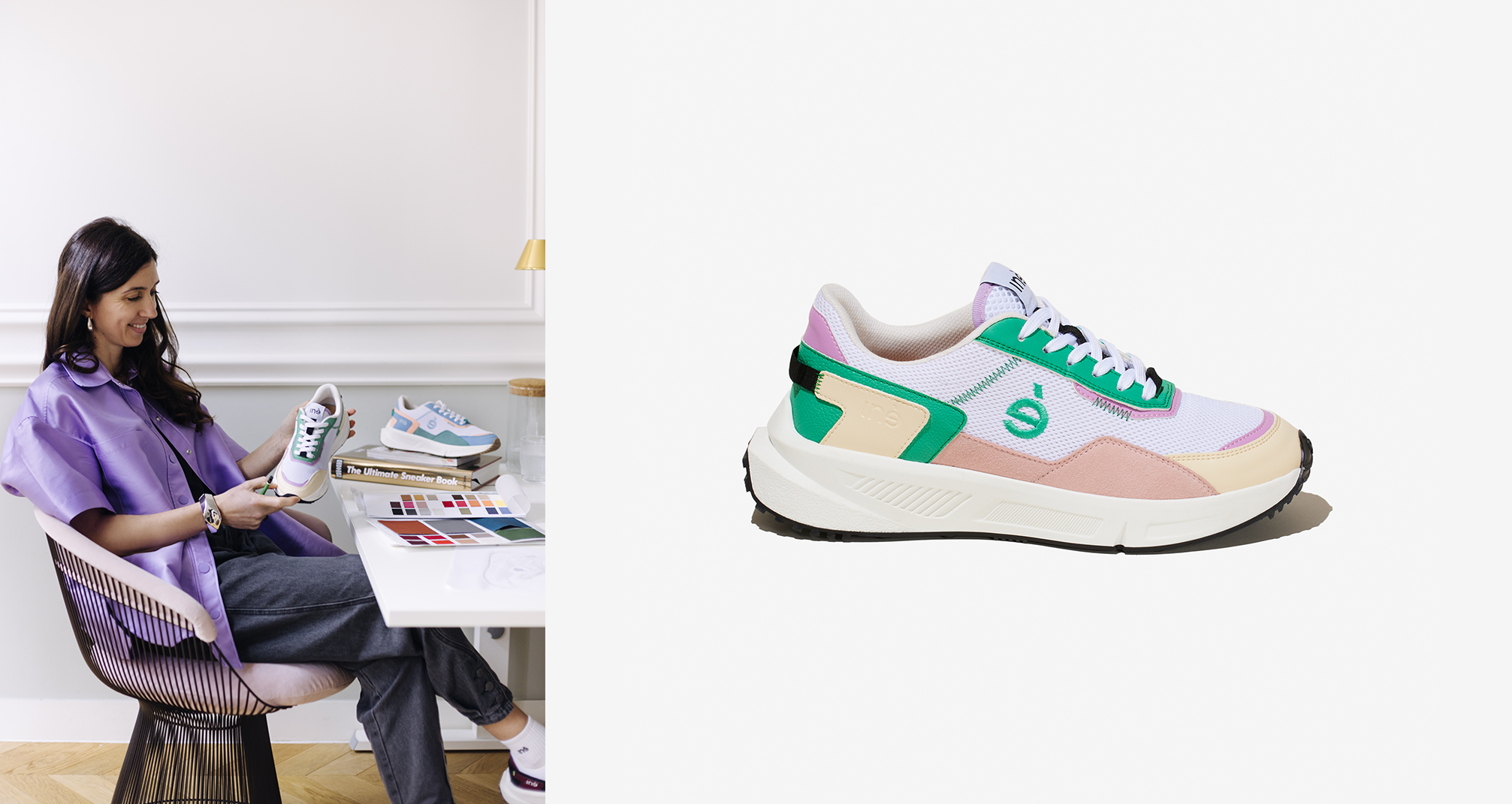 imaginer iné, Audrey Delanoë, fondatrice d'iné, marque de baskets vegan et unisexes, et ses sneakers vert et rose de la collection Vibes