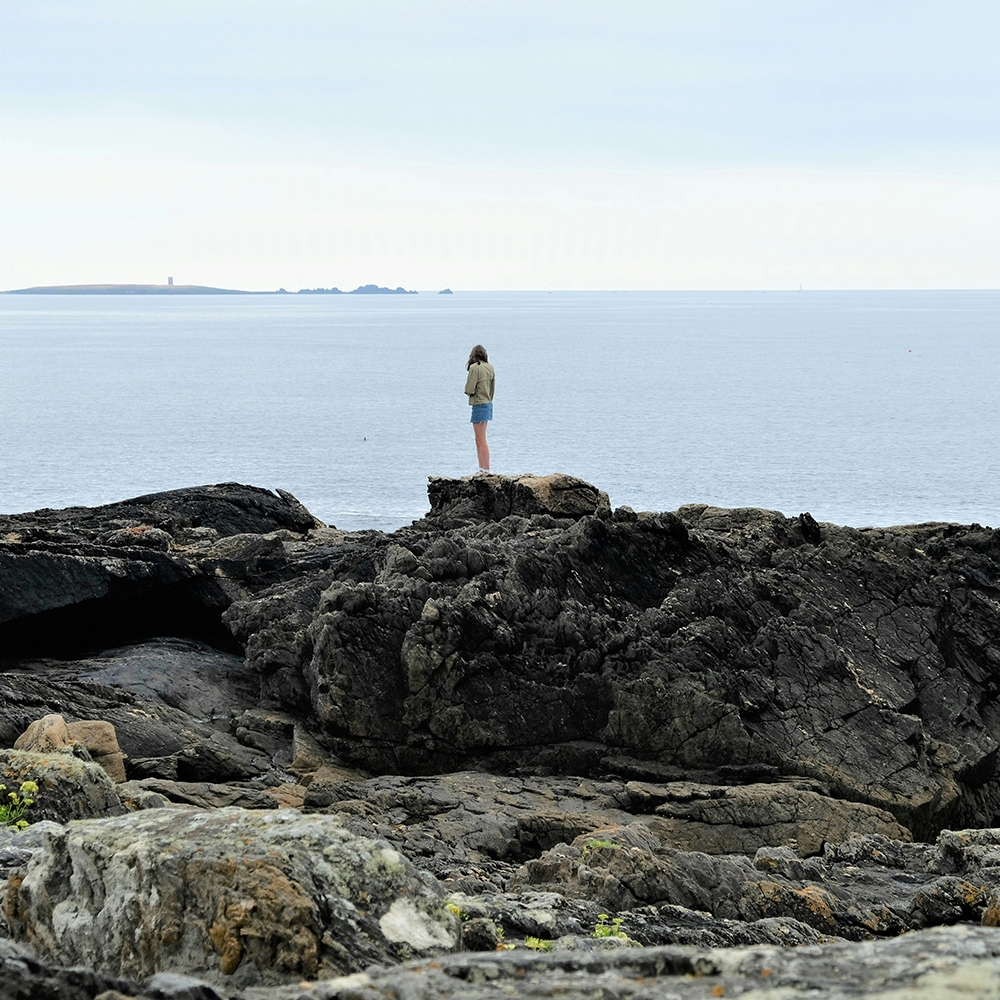 Une femme regarde la baie, une référence à l'histoire d'Audrey Delanoë, originaire de Rennes et qui, enfant, passais ses étés à Hillion, dans les Côtes-d’Armor. C’est là, en observant au fil des années les conséquences du désastre écologique sur le littoral, (notamment les marées vertes), que s’est forgée sa sensibilité environnementale.