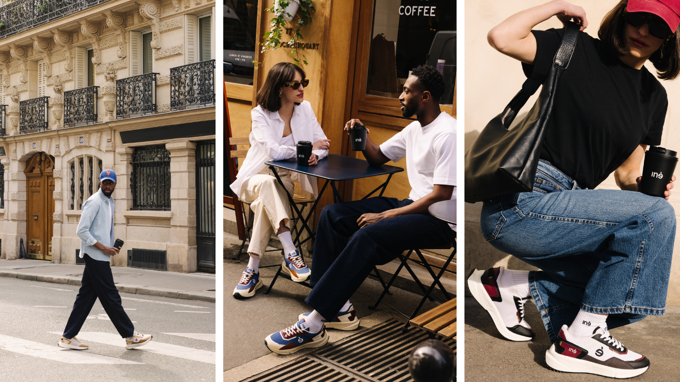 La photo est divisée en 3 et montre des scènes où un homme et une femme sont dans les rues de Paris, en France et portent des sneakers iné vegan et unisexes.