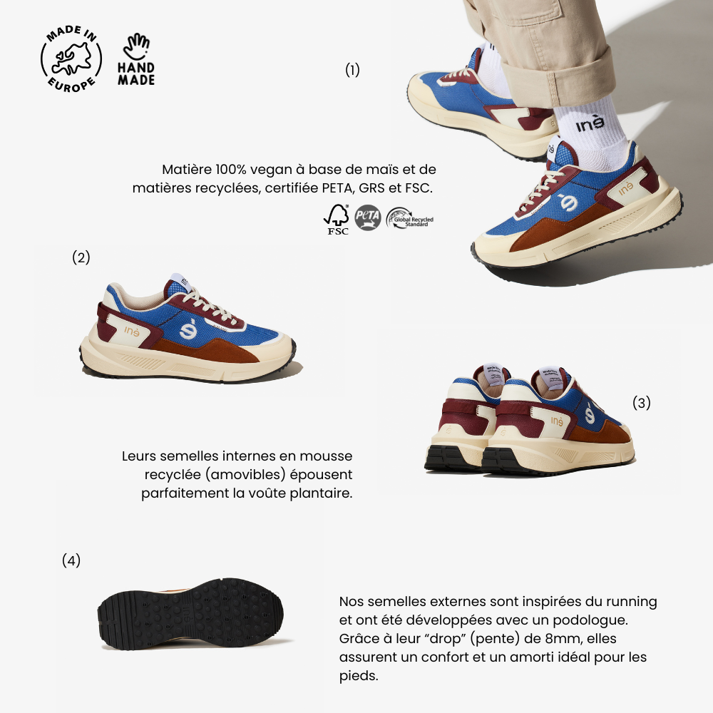 Template explicatif sur les baskets iné, vegan, réalisées à partir de maïs et de matières recyclées.