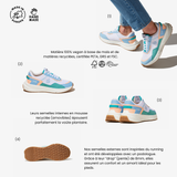 Template explicatif sur les baskets iné, vegan, réalisées à partir de maïs et de matières recyclées.