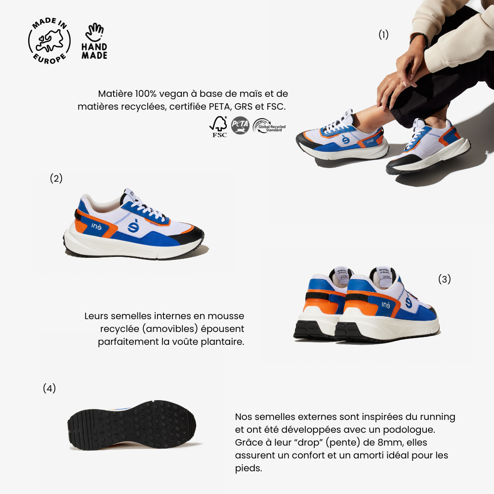 Template explicatif sur les baskets iné, vegan, réalisées à partir de maïs et de matières recyclées. 