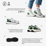 Template explicatif sur les baskets iné, vegan, réalisées à partir de maïs et de matières recyclées. 